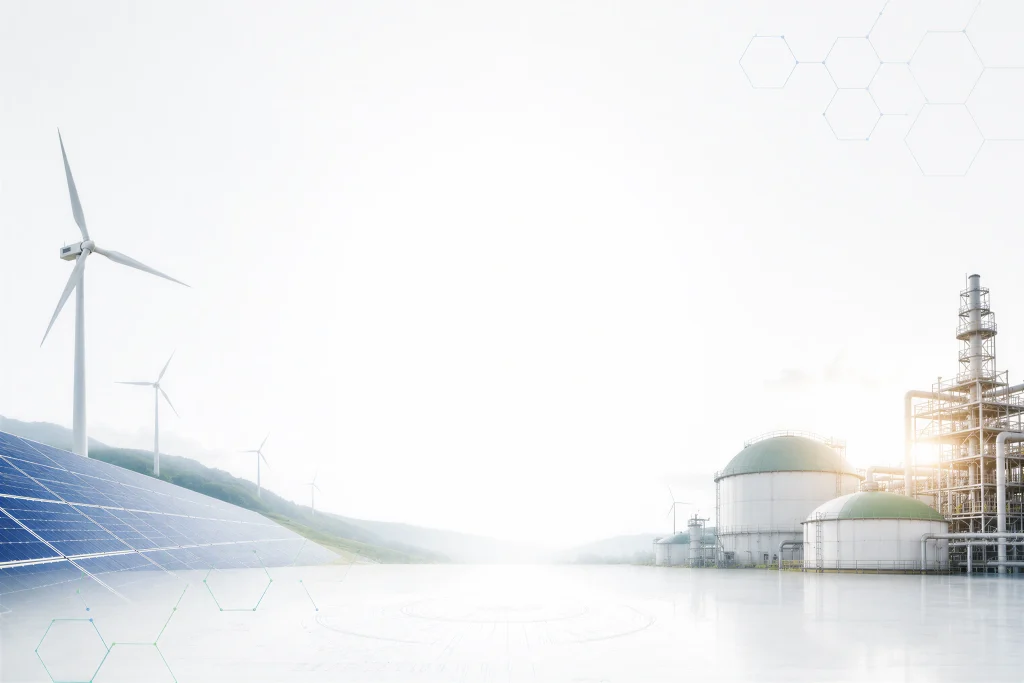 Imagen de fondo corporativo con paisaje industrial: molinos de viento, planta quimica planta de biogas